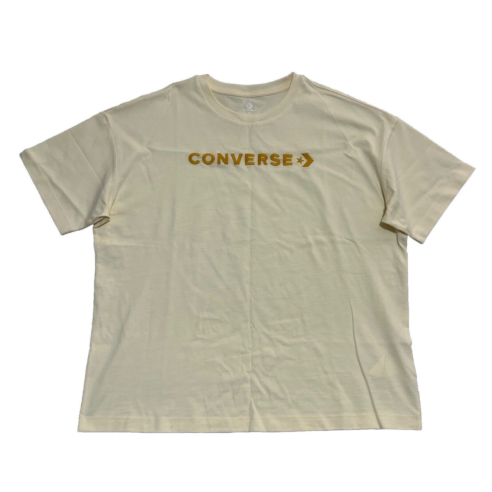 Converse Men’s T-Shirt Cream Loose Fit Short Sleeve Embroidered Logo Size Medium