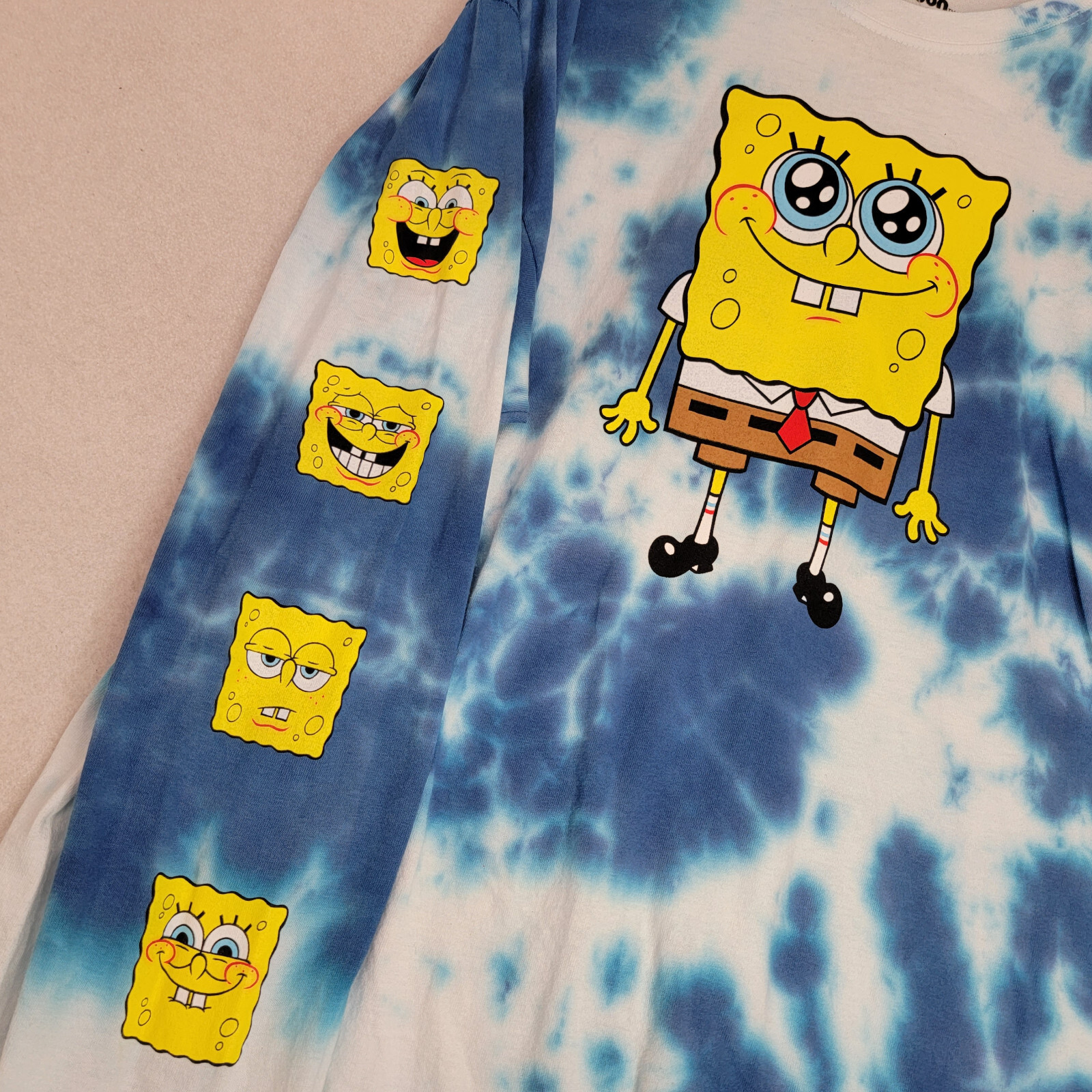 NICKELODEON SPONGEBOB TIE DYE T SHIRT MENS Large L BLUE WHITE LONG SLEEVE NWT