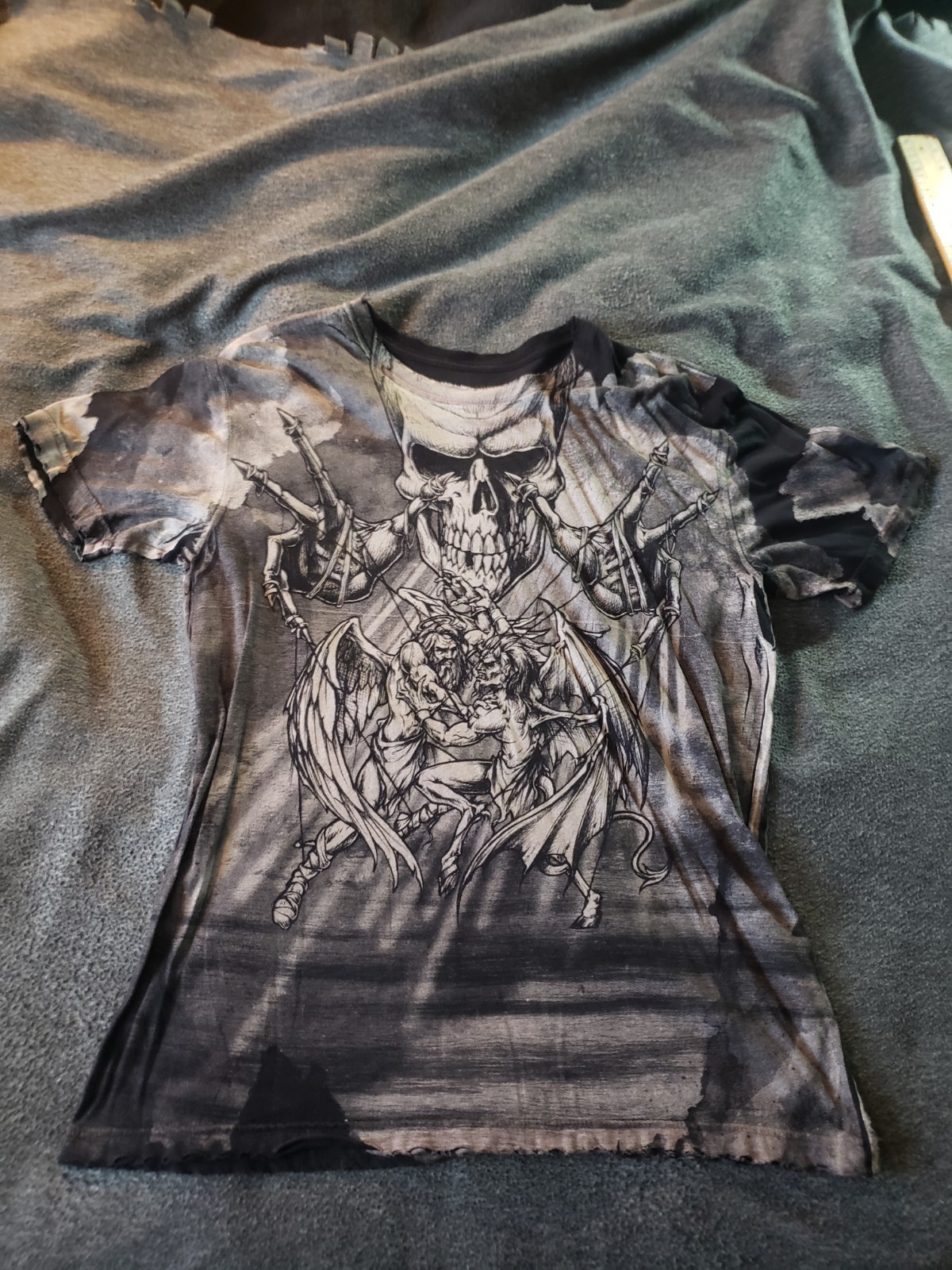 vintage XL Affliction Puppet Master t-shirt skeleton god and devil.