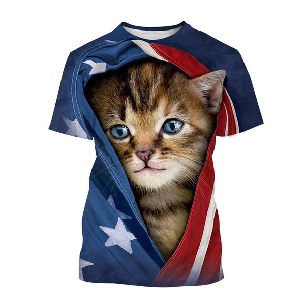 Funny Cat Smile USA T-shirt 3D Full Size S-5XL
