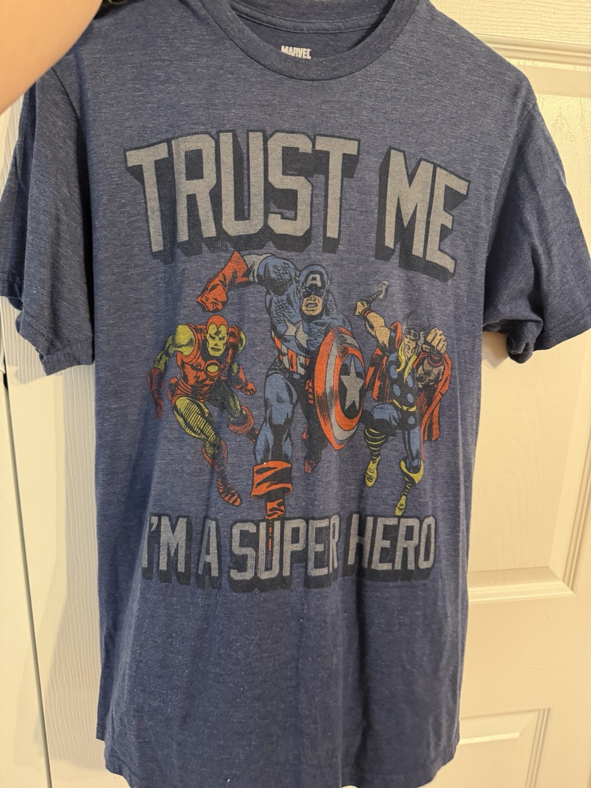 Marvel Comics “Trust Me I’m a Super Hero” Blue Graphic Tee Medium