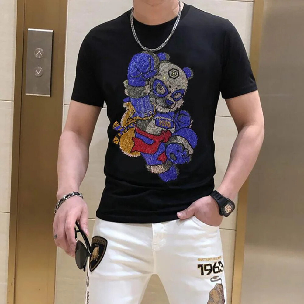 New Fashion Rhinestones Bear Short Sleeve Luxury Men Black White T-Shirt