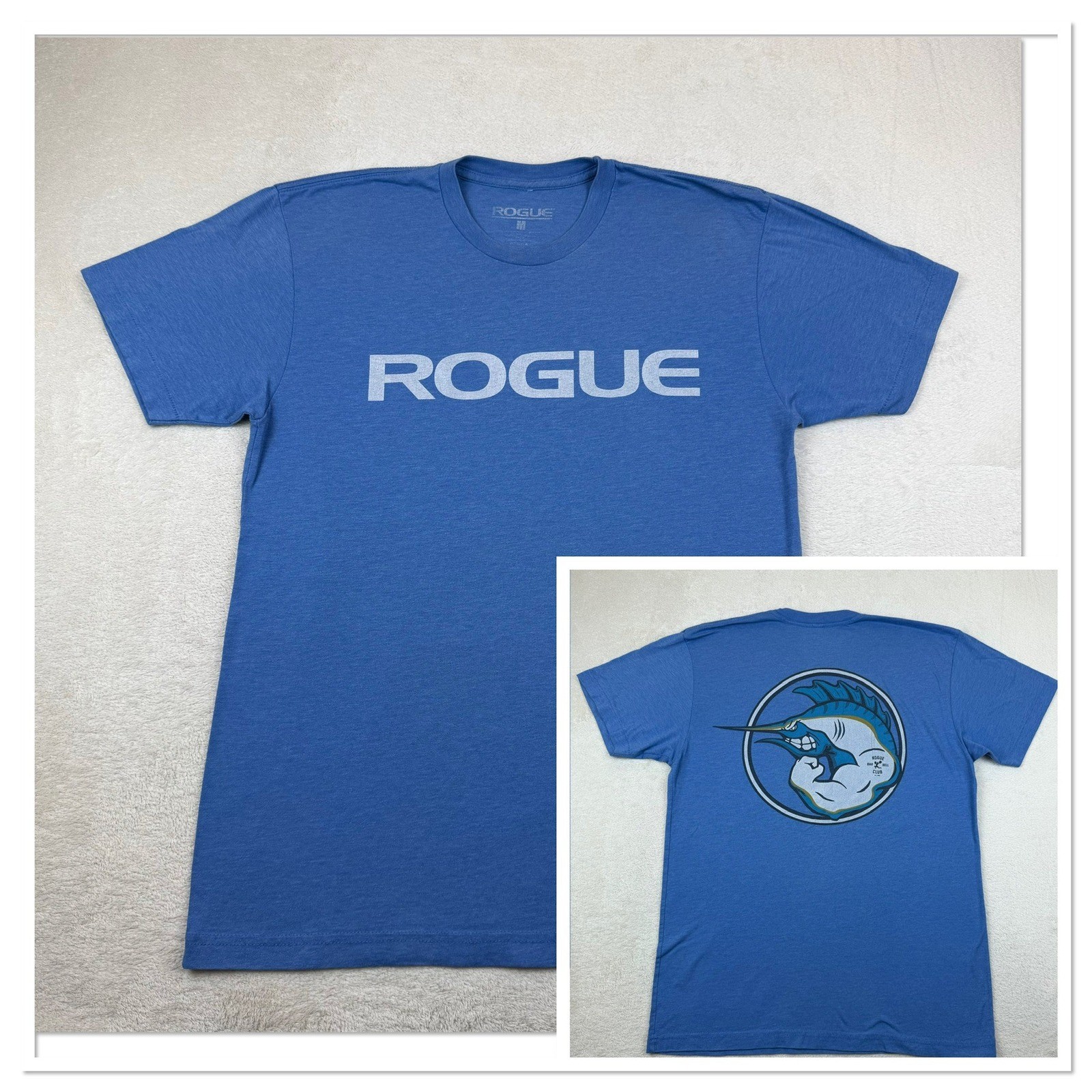 ROGUE TOSH “BIG FISH” Fitness Mens Blue Graphic T-Shirt Size Medium Training Tee