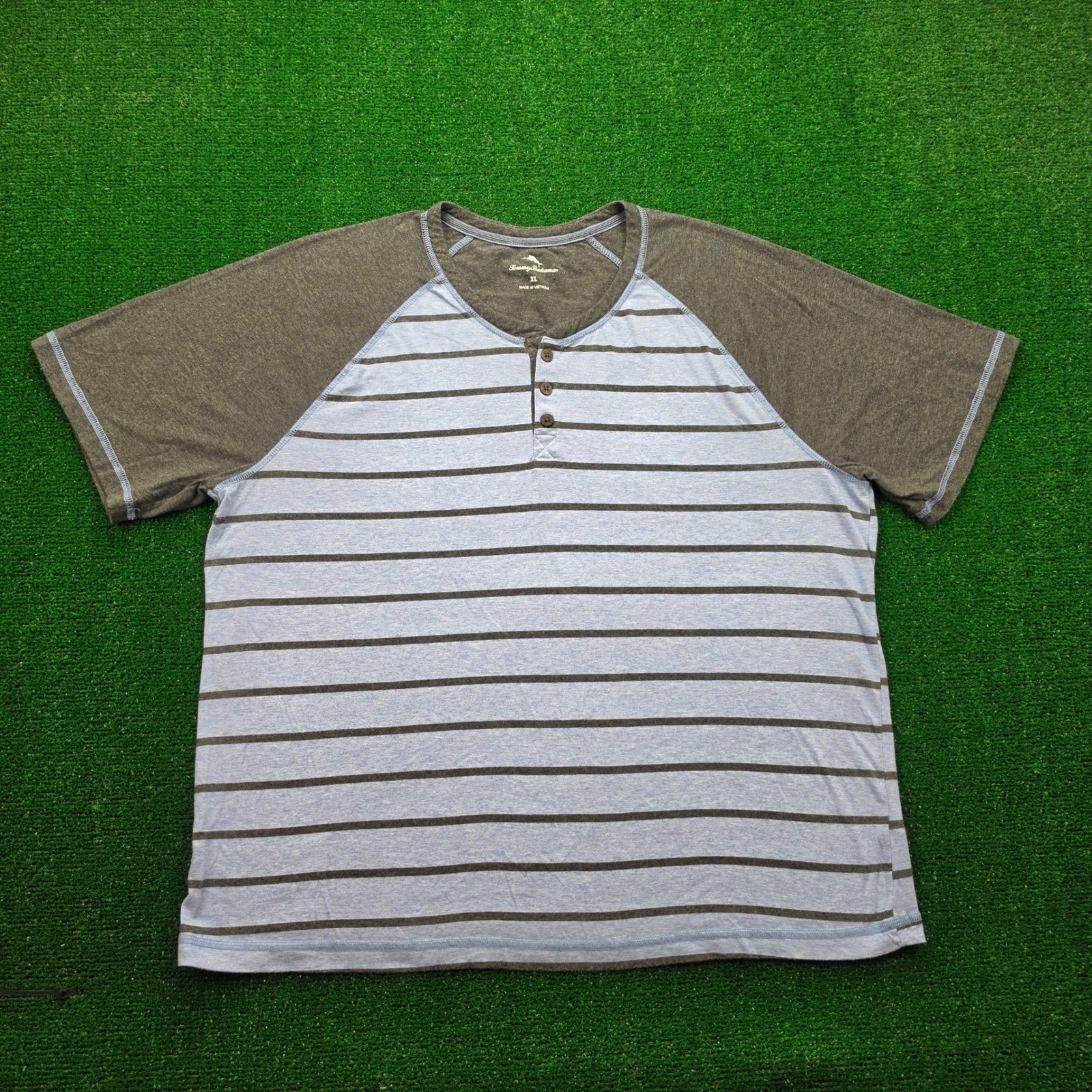 Tommy Bahama Henley Shirt Mens XL Blue Gray Raglan Striped Summer Beach Casual