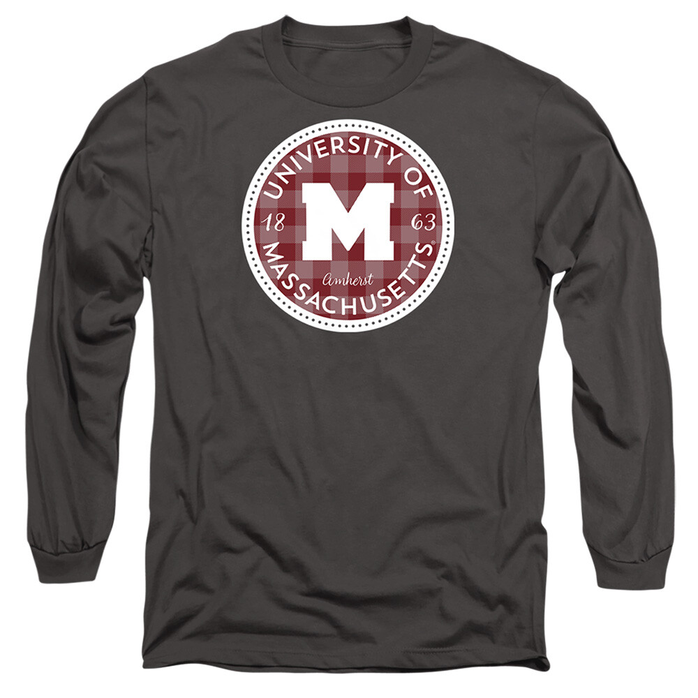 Massachusetts Adult Long Sleeve T-Shirt Plaid Badge, Charcoal, S-3XL