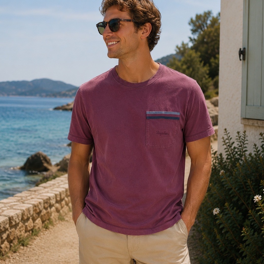 Rapha Logo Pocket T-Shirt Mens Small Burgundy Cotton Striped Trim LPK01XX