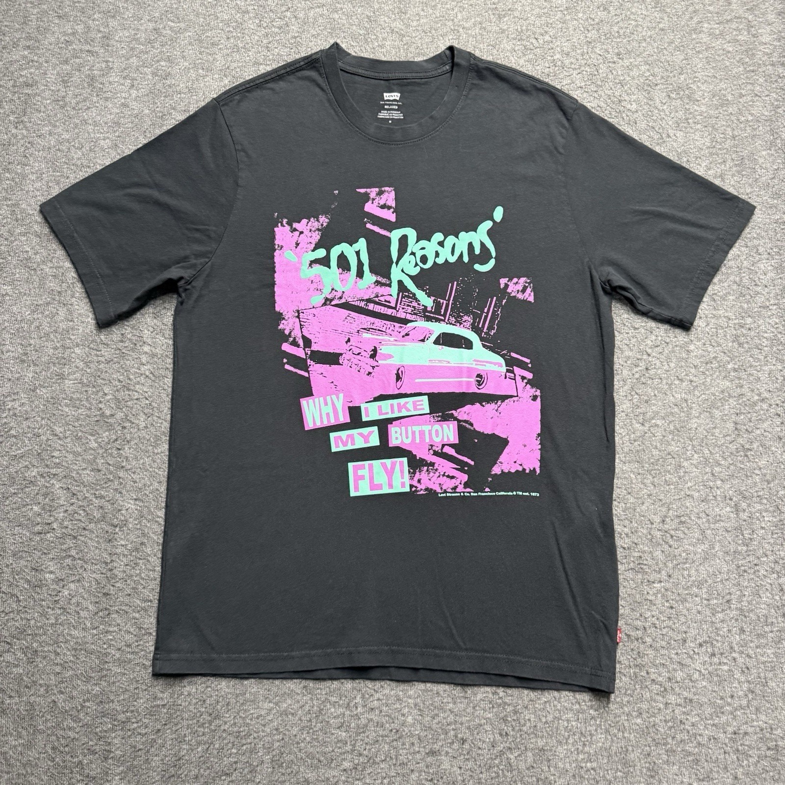 Levis 501 Reasons Relaxed T-Shirt Men’s Medium Black ‘Why I Like My Button Fly’