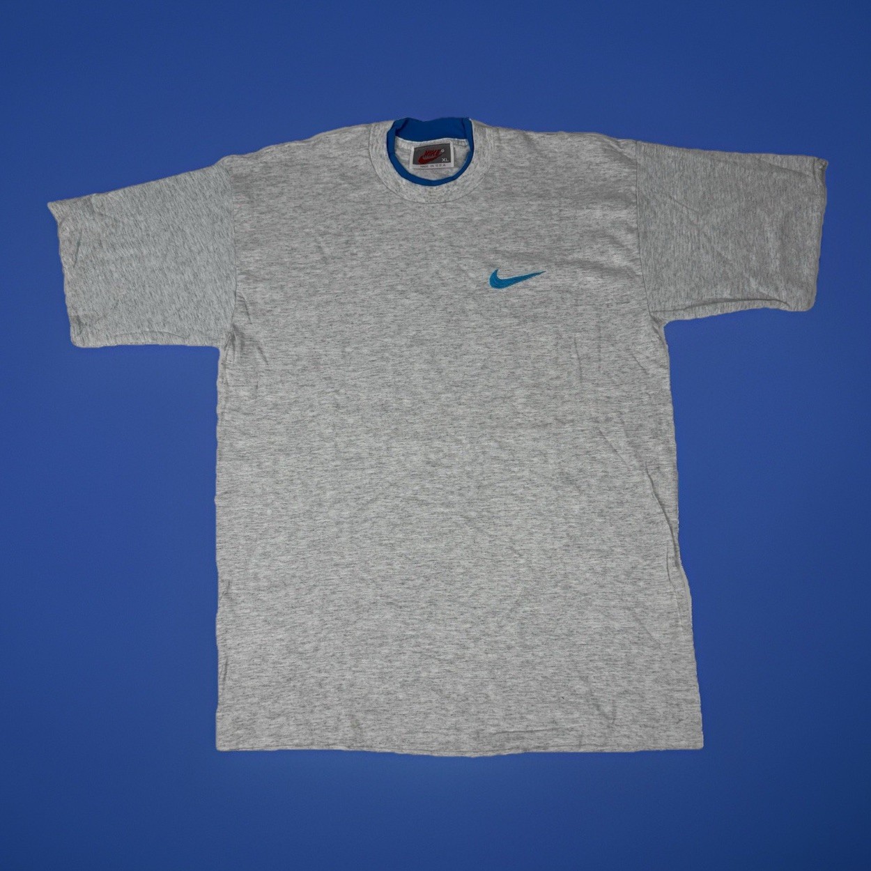 Vintage 80s/90s Nike T-Shirt Gray Tag Blue Swoosh XL Double Collar Made in USA