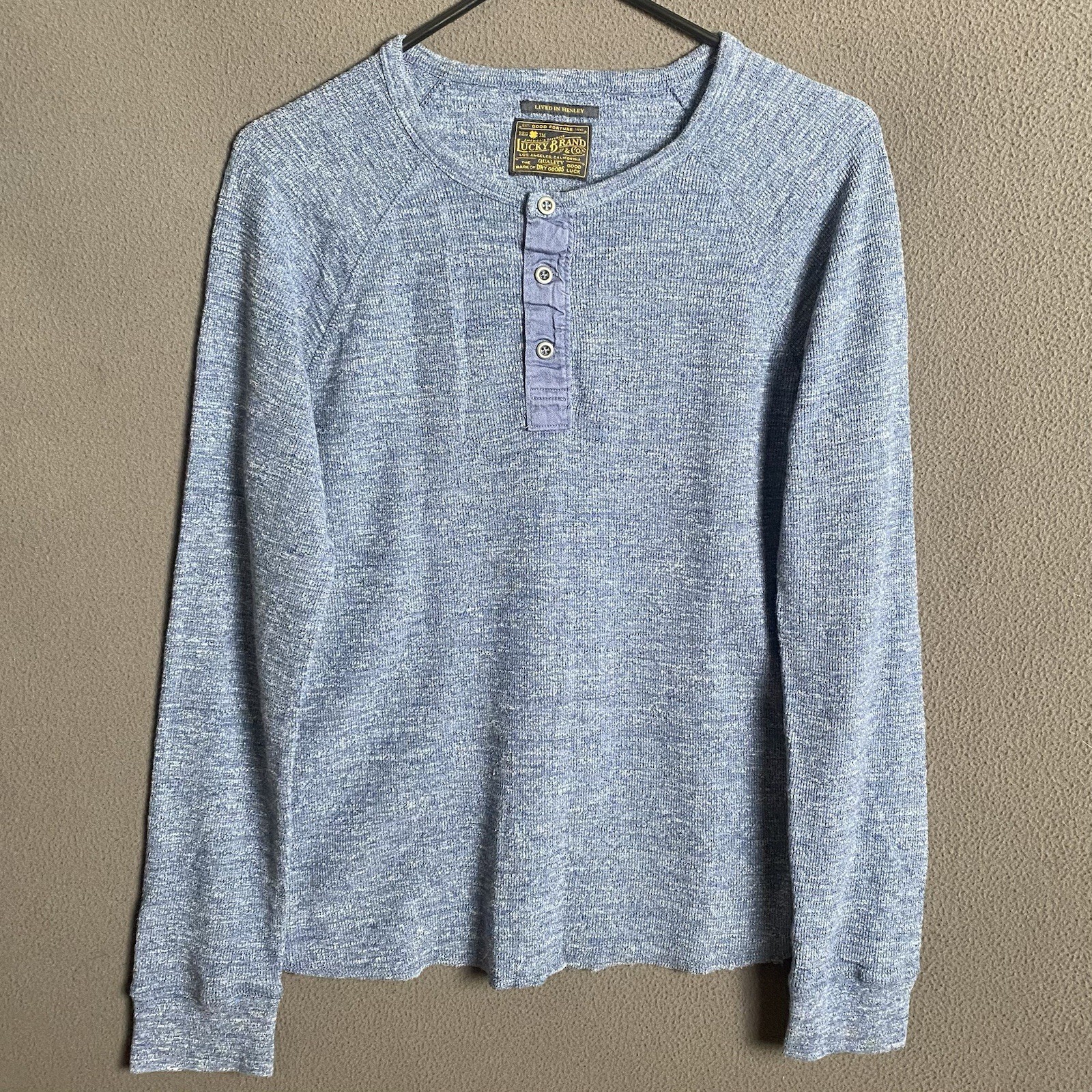 Lucky Brand Mens Henley Shirt Small Blue Heathered Button Placket Texture Lounge