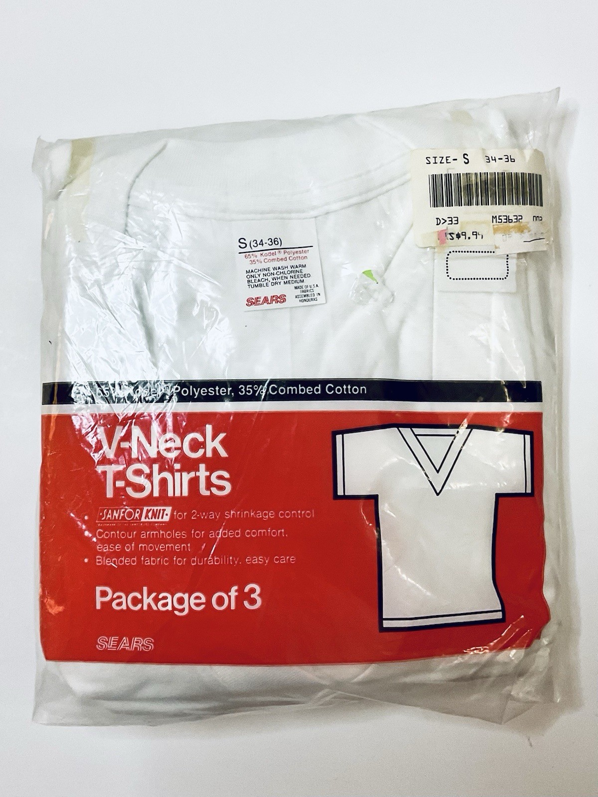 VINTAGE SEARS V-NECK T-SHIRTS WITH SANFOR-KNIT SIZE SMALL 34-36 WHITE 3-PACK NOS