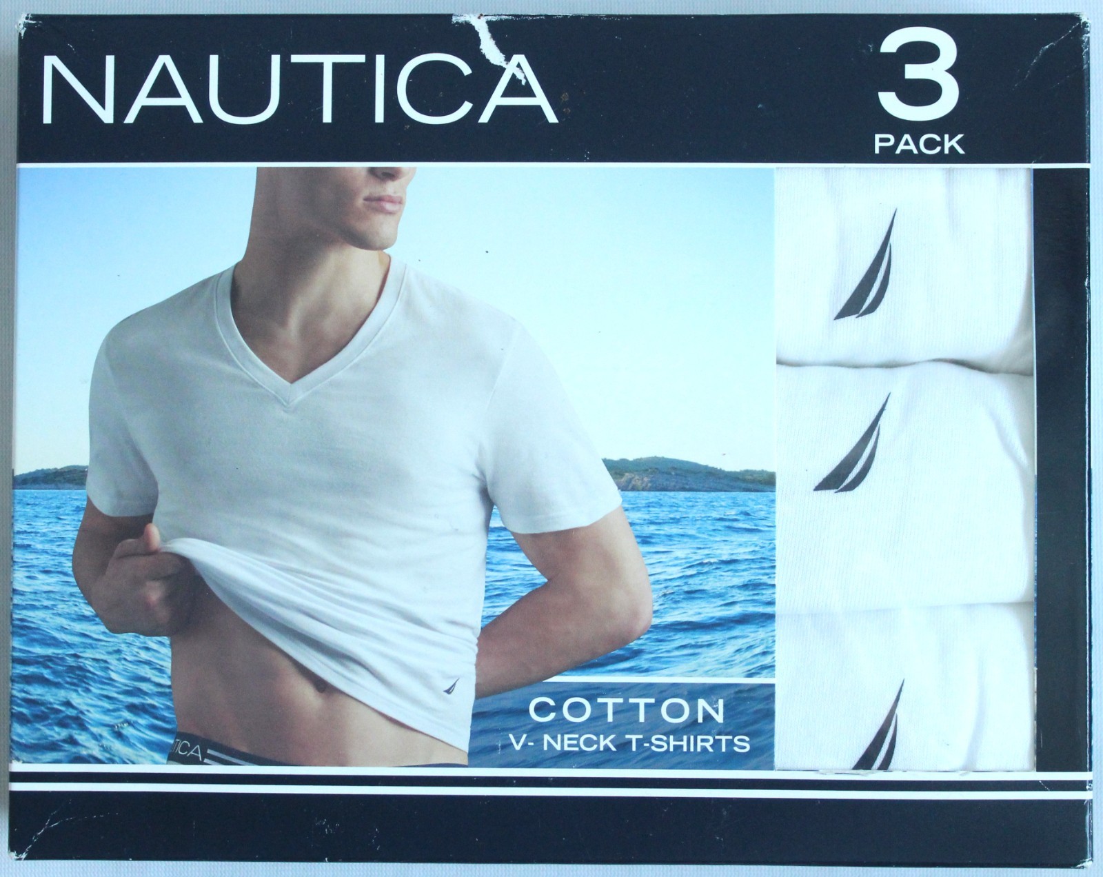 Nautica Mens Size S 34-36 3-Pack Cotton Blend V-Neck T-Shirts White Undershirts