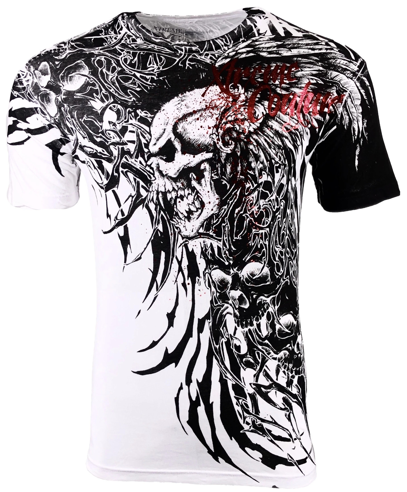 Xtreme Couture Affliction Men’s T-Shirt BRUTAL COMBAT White Skull Biker Tattoo