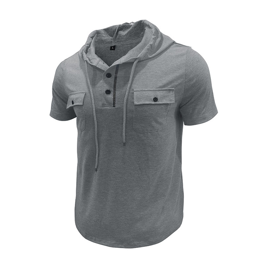 Men Short Sleeve Solid Hooded T-Shirt Tops Drawstring Casual Loose Blouse Shirt