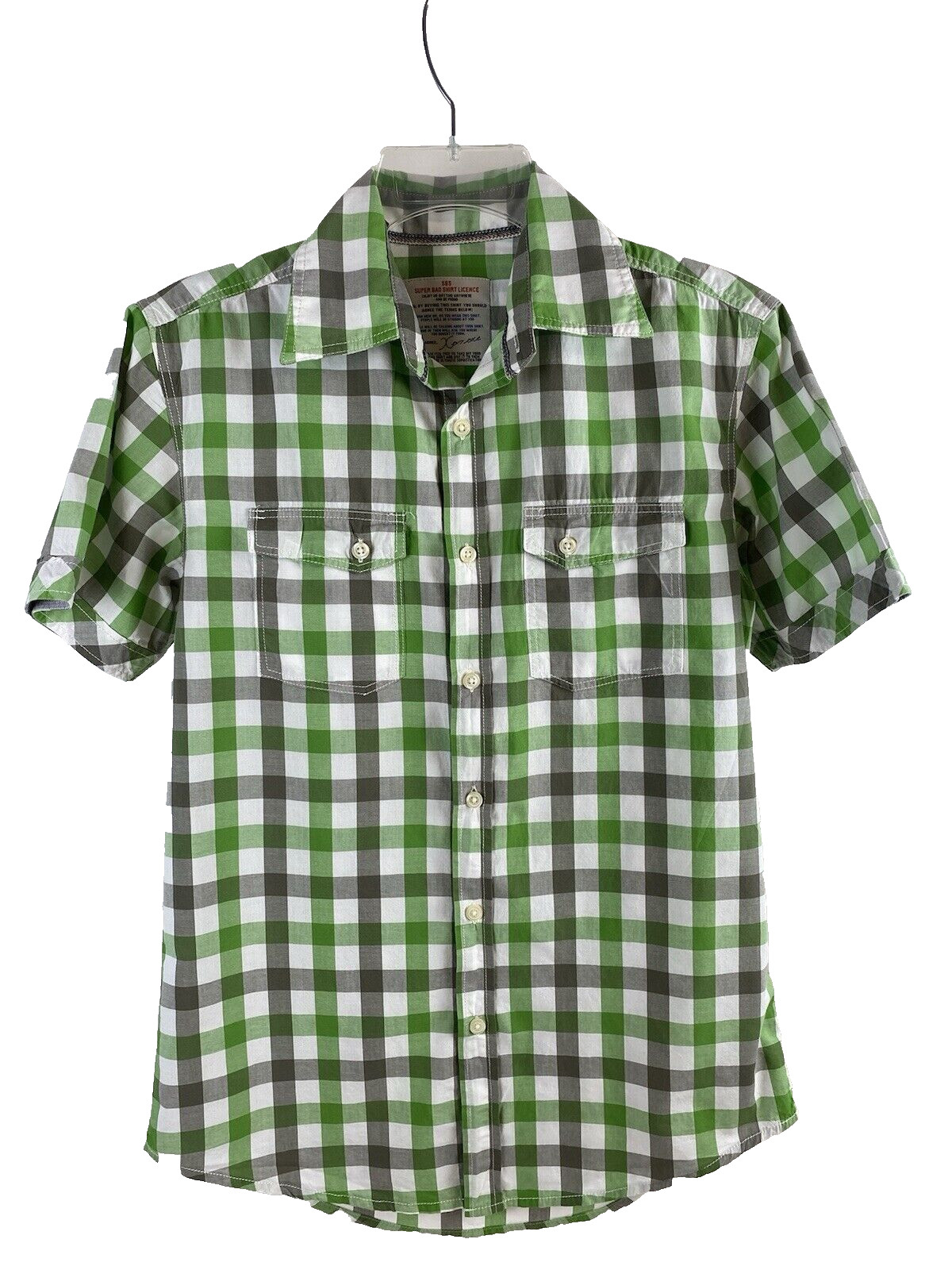 super bad shirt company men’s button down green plaid short sleeve size S small