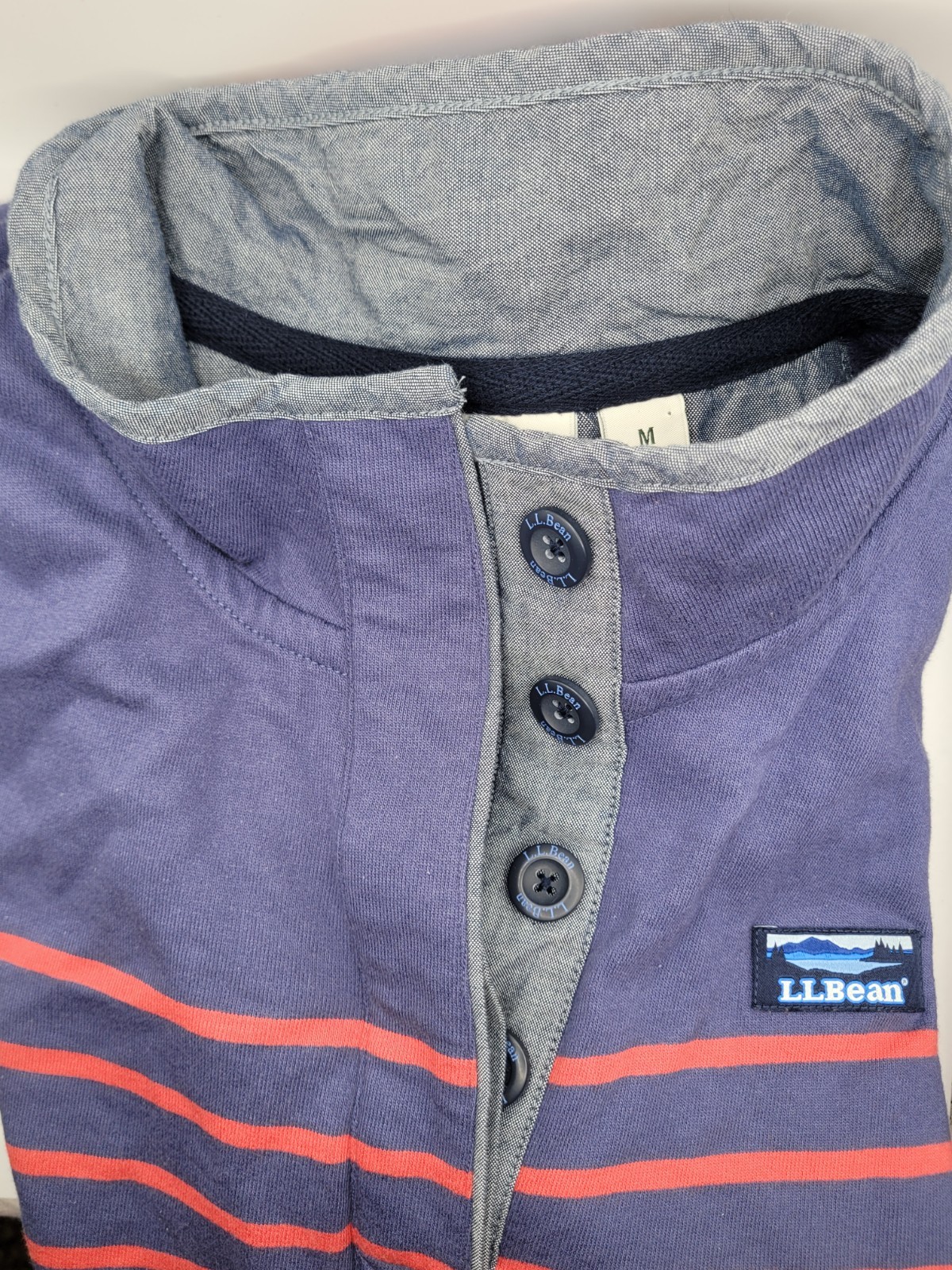 L.L.Bean womens M Regular Henley Long Sleeve Striped T-Shirt Blue Red Gray