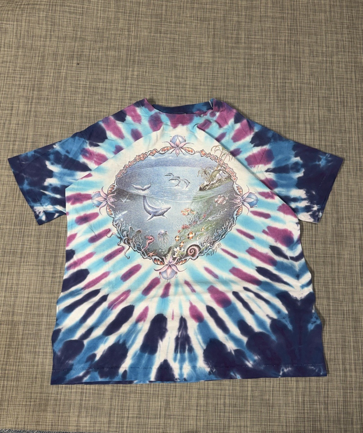 VTG M. Dubois 1991 Blue Tropical Aquatic Dolphins Tie Dye Size XL Single Stitch