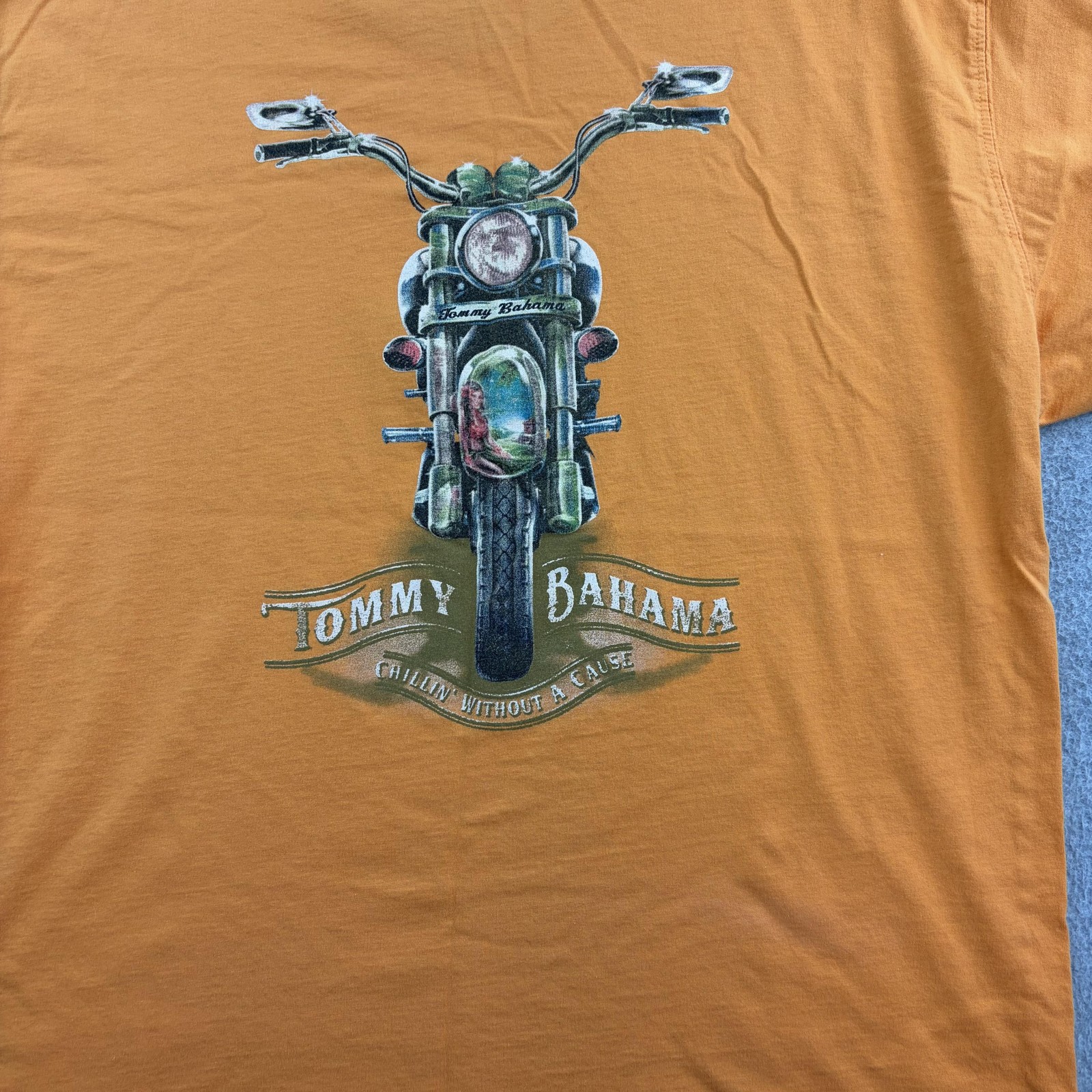 Tommy Bahama Shirt Mens Medium Orange Motorcycle Chillin Without Cause Tee Adult