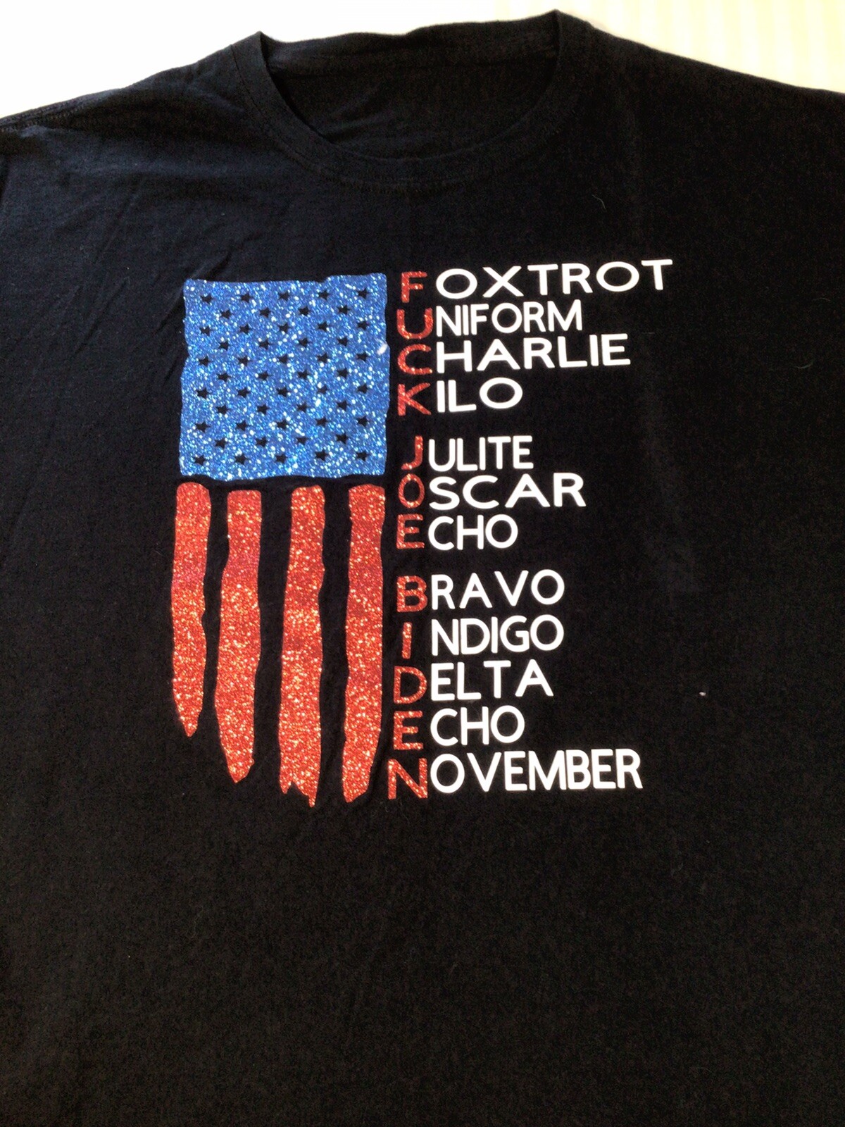 Funny Joe Biden F*@k Joe Biden Anti Biden Conservative Glitter Flag T-Shirt SZ L