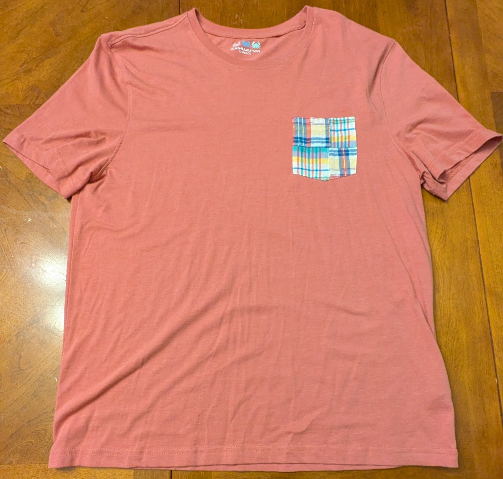 Charleston Threads T Shirt Mens Medium Pink Pocket Tee Plaid Patch Short Sleeve