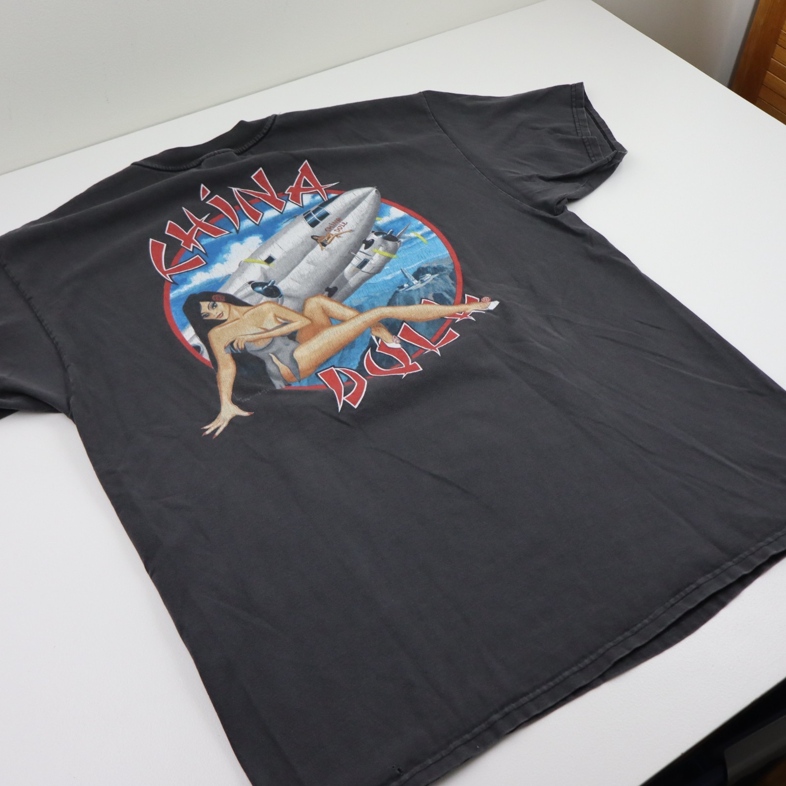 Vintage China Doll C46 Commando T Shirt Mens XL Black WWII Airplane Pin Up Tee