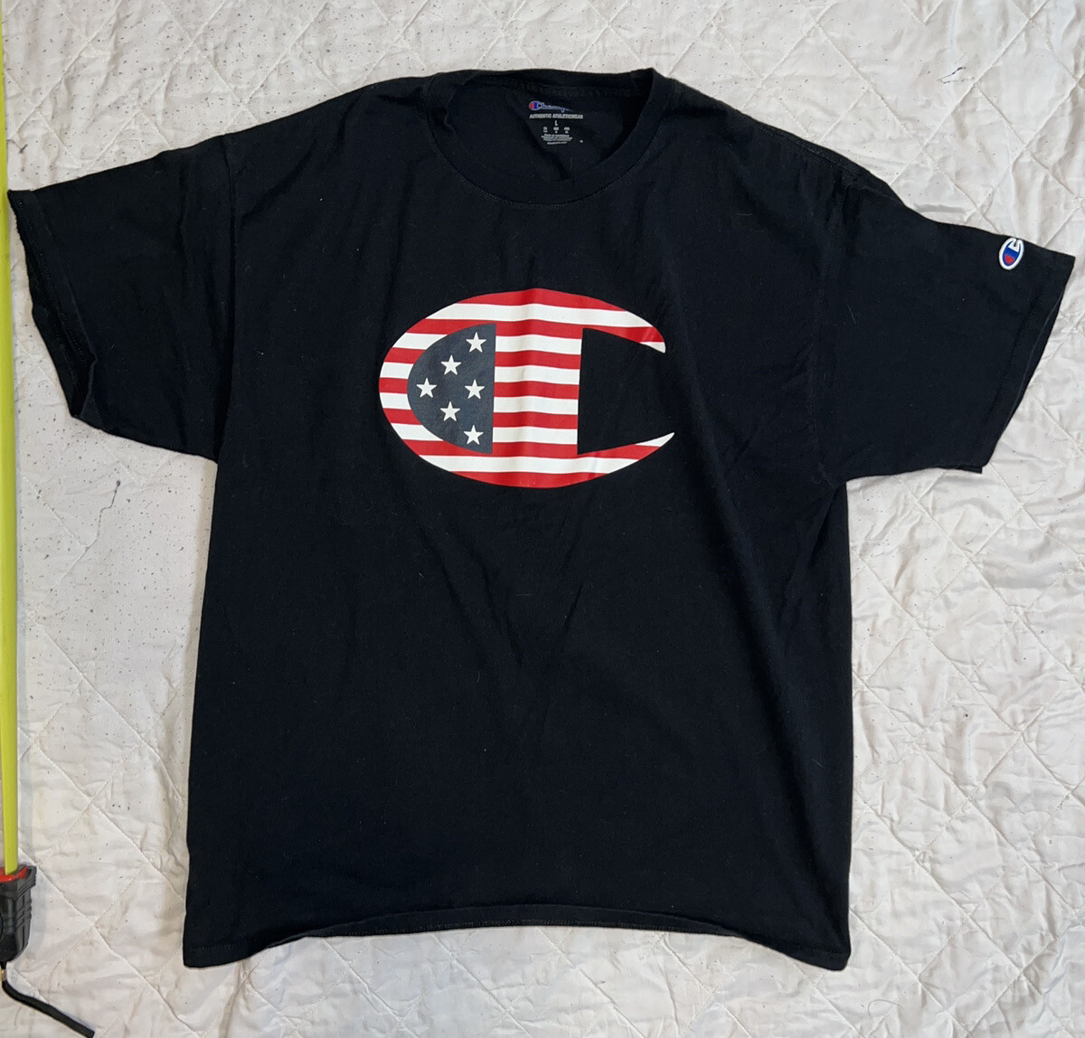 Champion Mens Big C Logo 100% Cotton Tee T-Shirt Navy Blue Red White Stars L