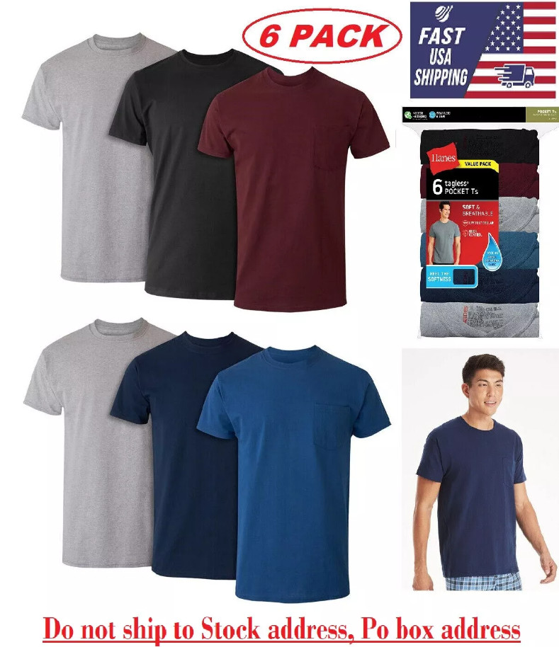 6 Pack Hanes Men’s Value Pack Assorted Pocket T-Shirt Undershirts Size S – 3XL