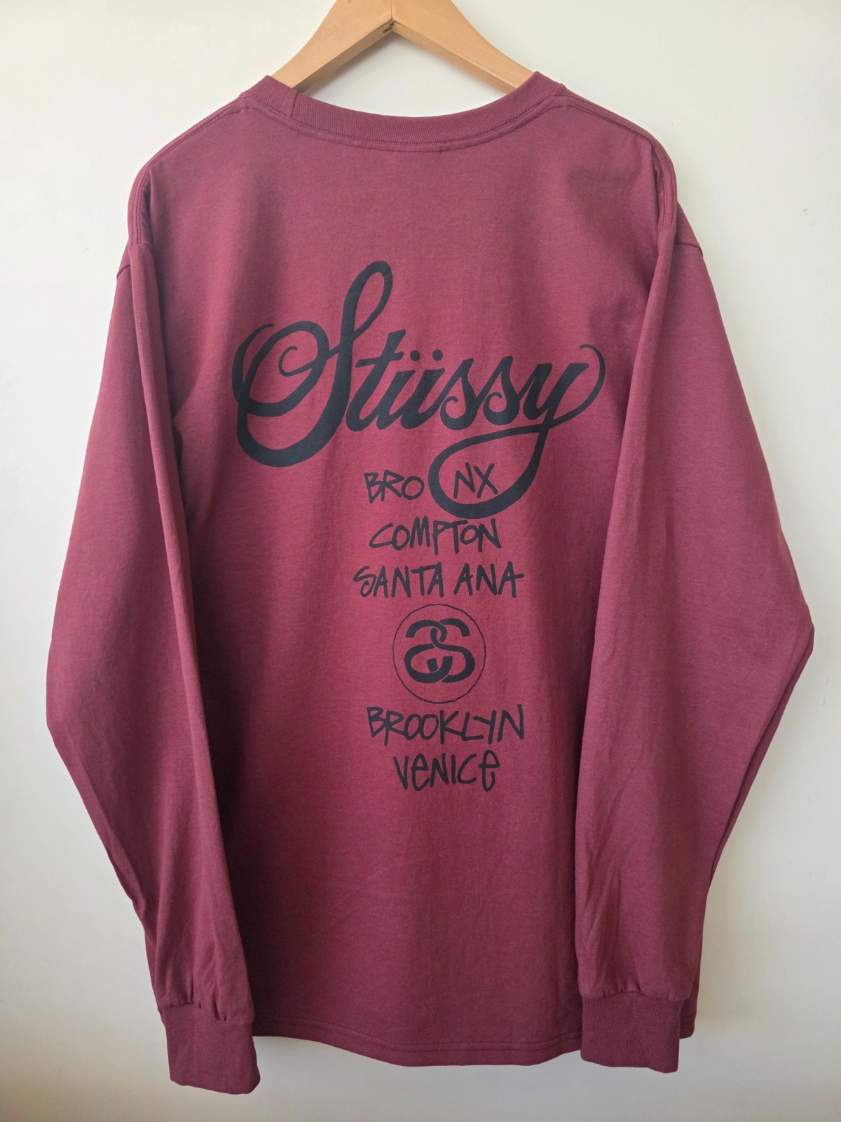 Stussy World Tour Long Sleeve T-Shirt Burgundy LARGE NWOT