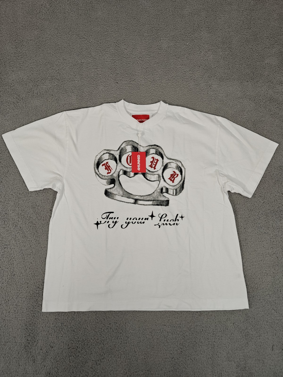 4Hunnid Shirt Mens Medium White Try Your Luck Brass Knuckles Graphic Tee New