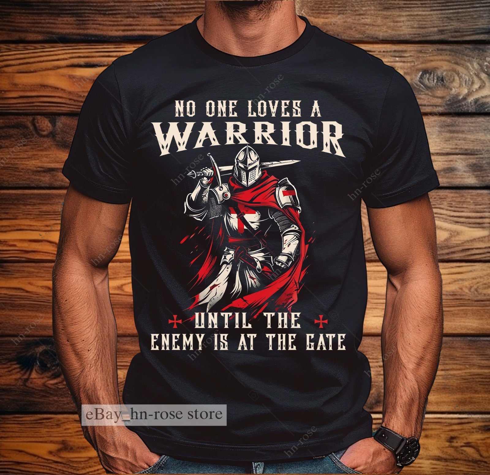 Crusader Warrior T-Shirt Medieval Knight Red Cloak Cross Shield Battle Ready Tee