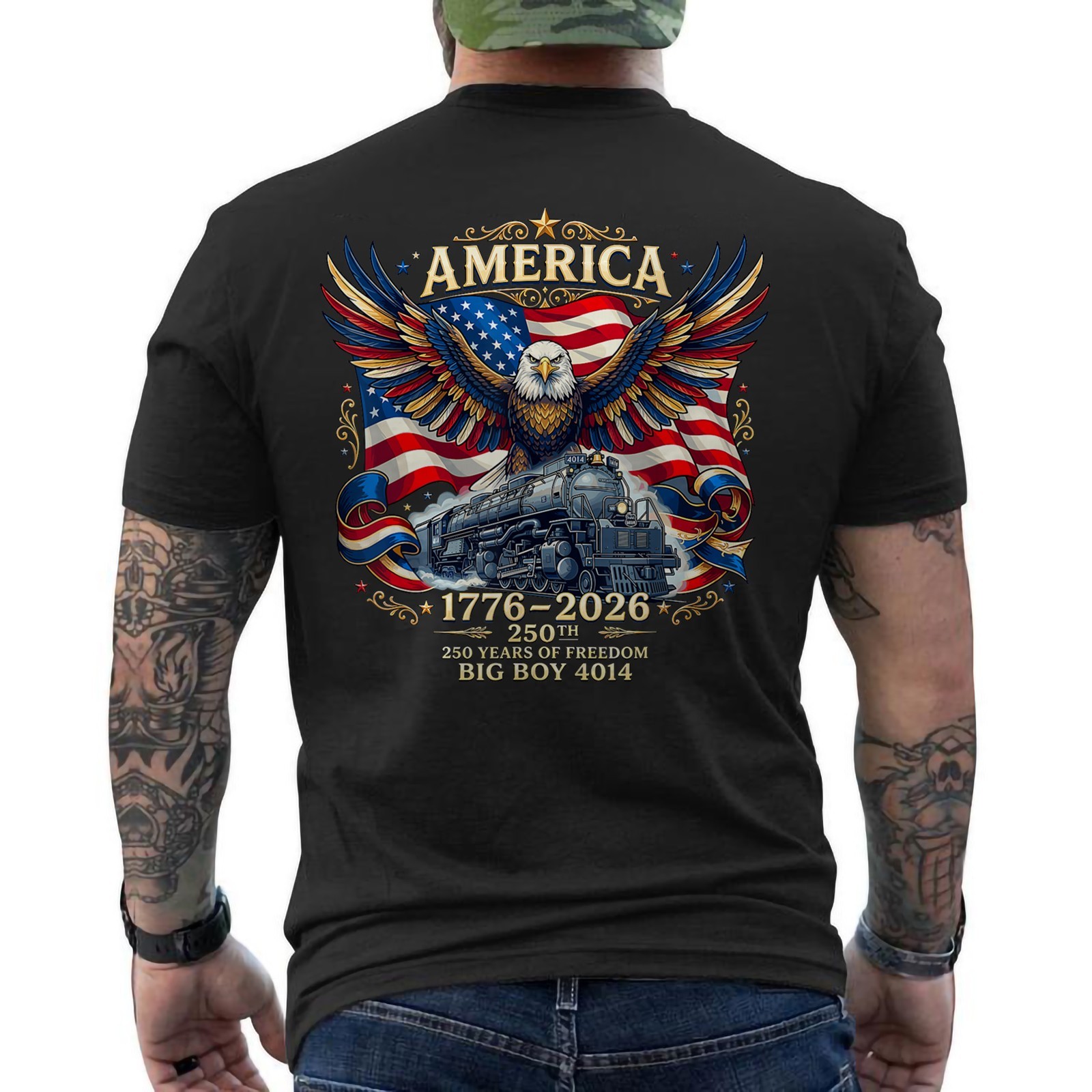250 Years Big Boy 4014 Train US Flag Eagle Vintage Patriotic ON BACK T-Shirt