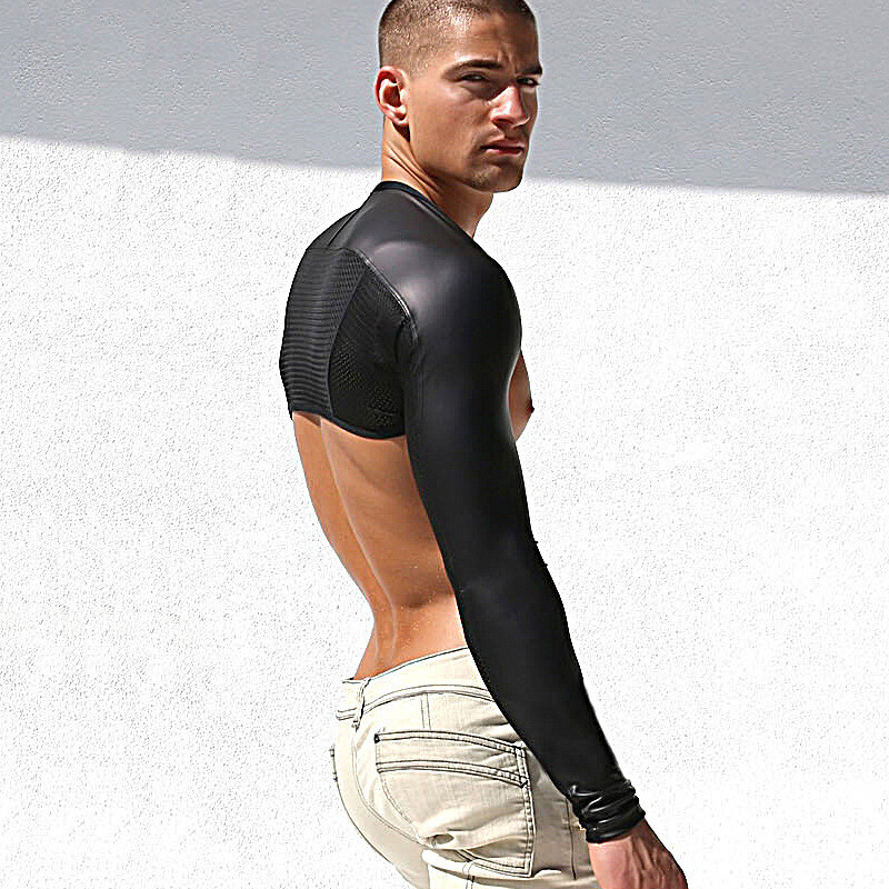 Men’s Artificial Leather Breathable Mesh Tight Fit Sleeves for Sports and Fitnes