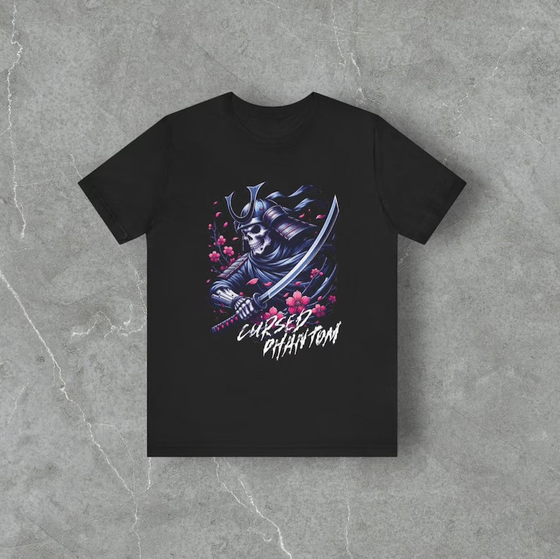 Samurai Skull Graphic Tee, Japanese Skeleton Shirt, Cherry Blossom Gothic Street