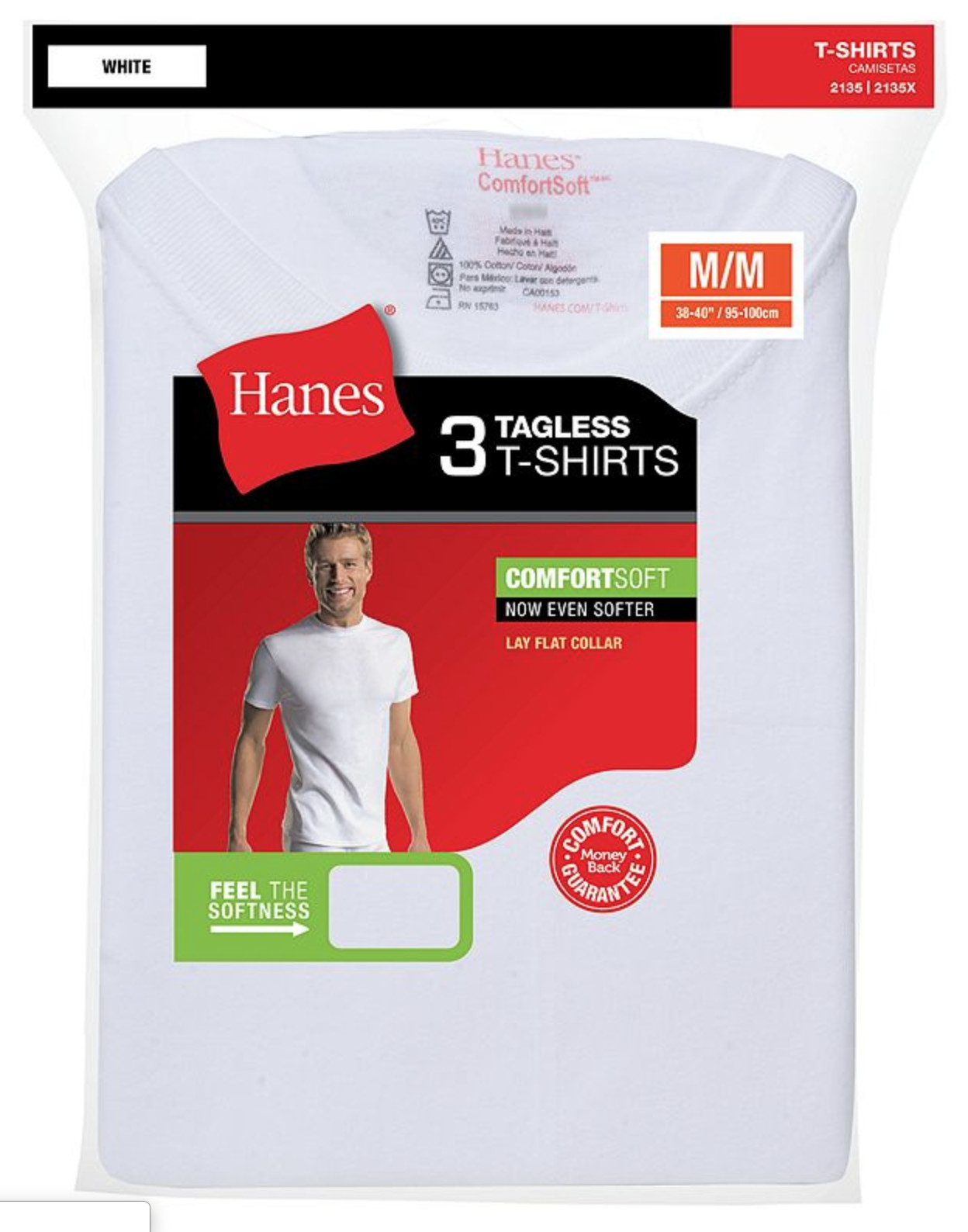 Hanes Mens White Tagless T-Shirts Crewneck 3Pk S-3XL Style 2135