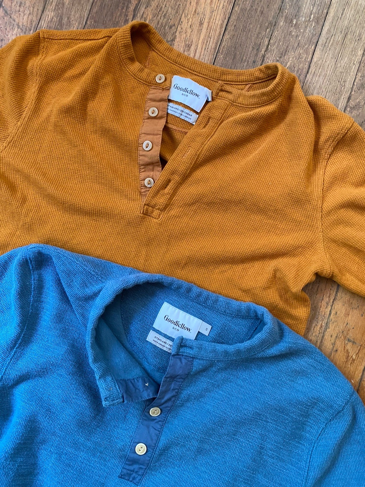 Lot of 2 Goodfellow Men’s Size Small Waffle Knit Thermal Henley Shirts Blue Gold