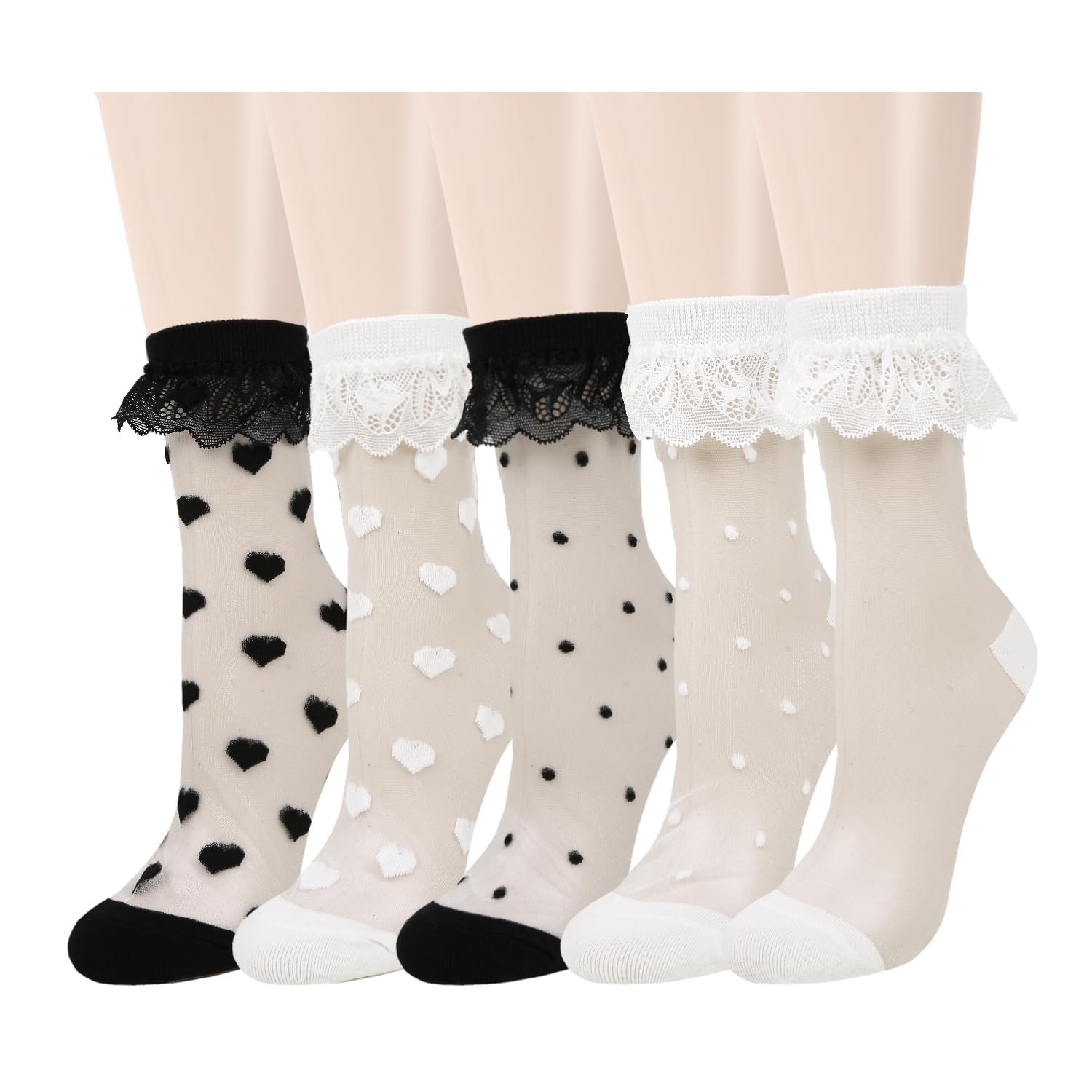 Sheer Ruffle Socks for Women Girls Cute Heart Polka Dot Lace Nylon Mesh Dress…