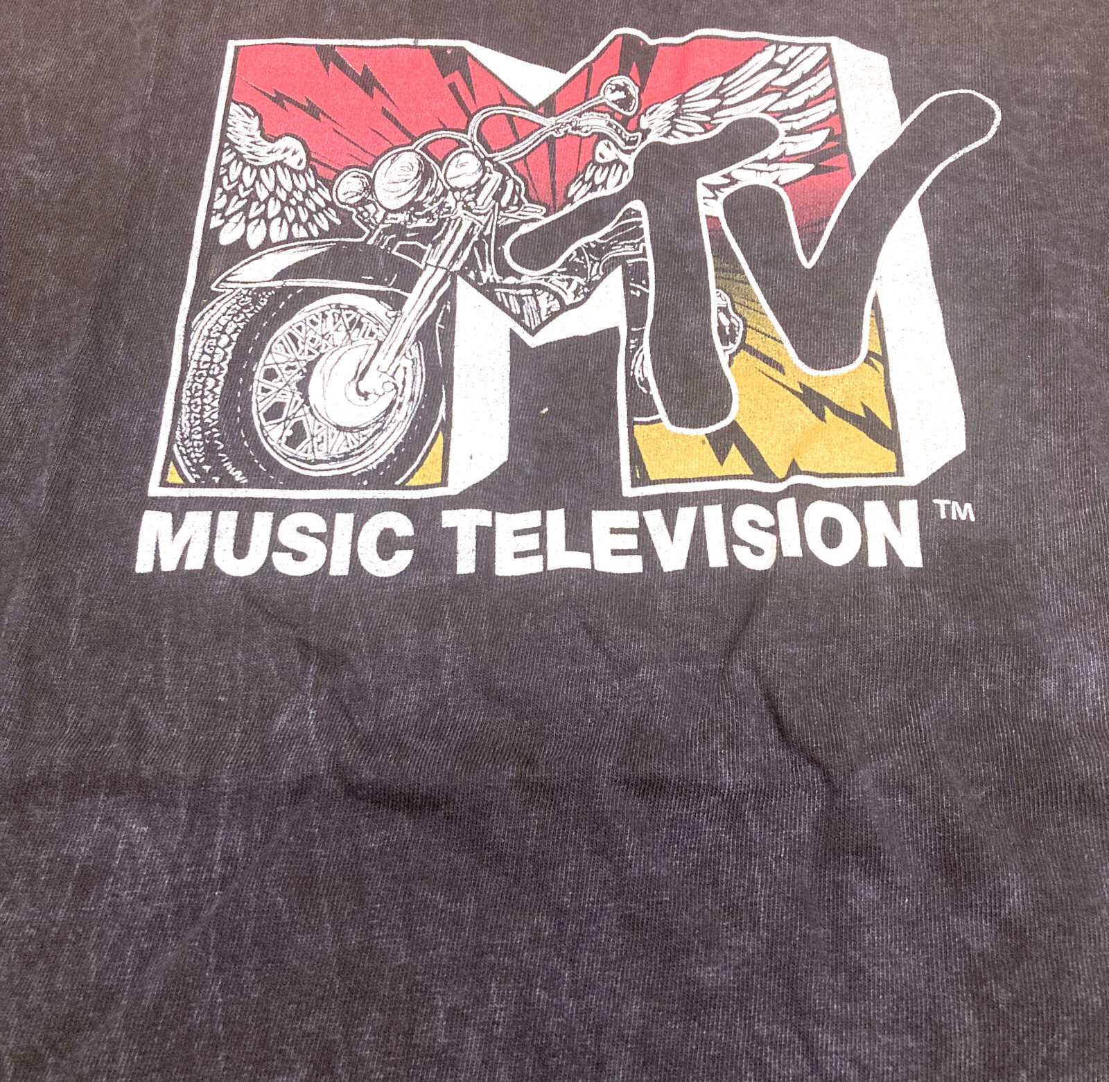 MTV Music Television Classic Motorcycle Logo Men’s Black Acid Wash T-Shirt New