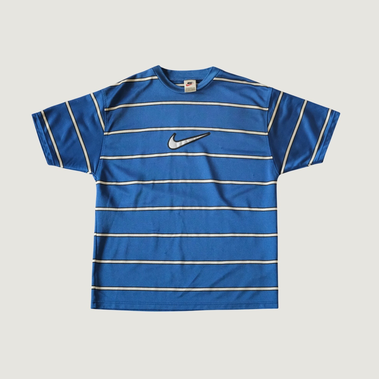 Nike 90s Striped T Shirt Blue Embroidered Center Swoosh Vintage Size M Sporty