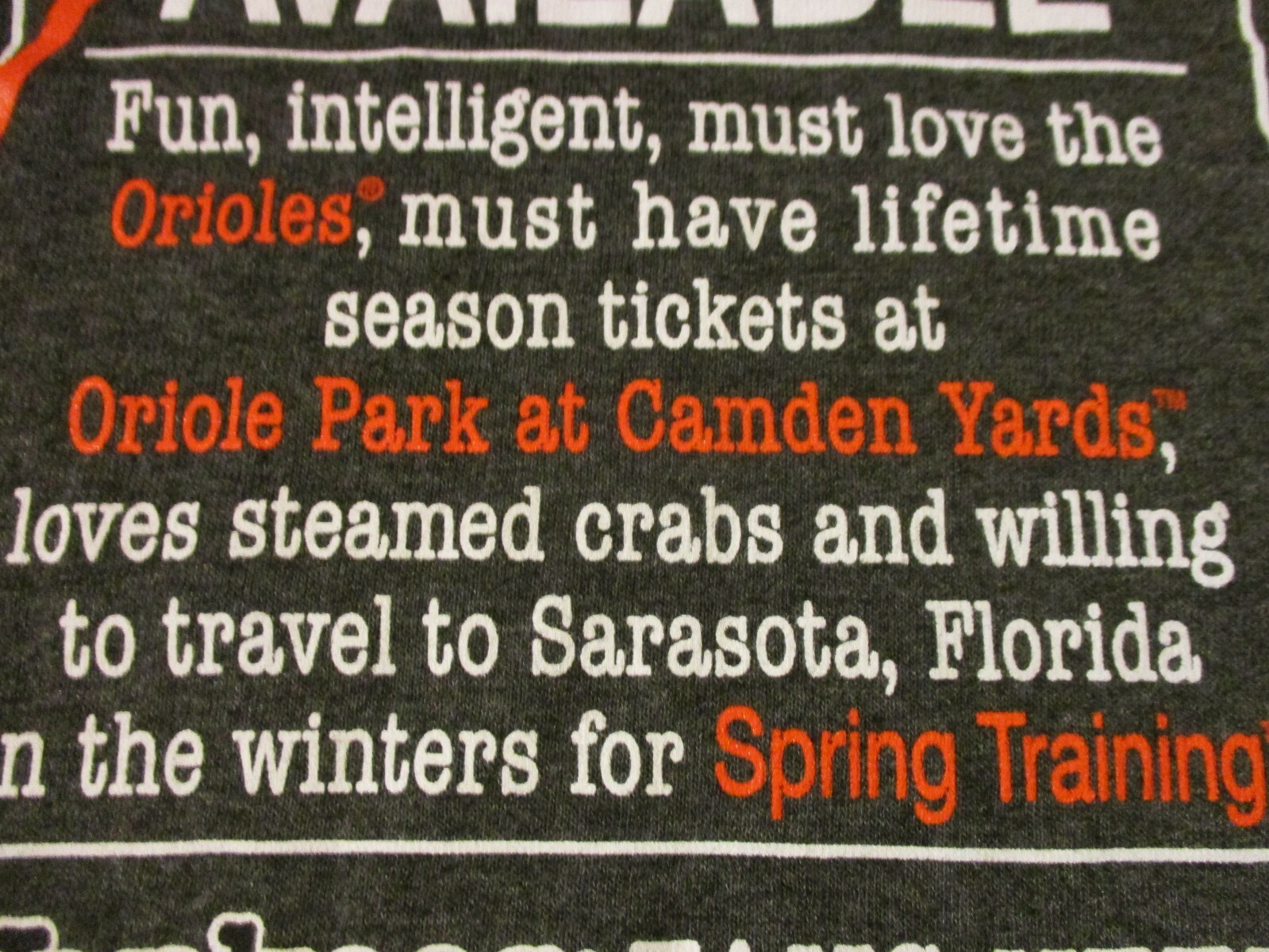 BALTIMORE ORIOLES AVAILABLE PERSONAL AD T-SHIRT- LG YANKEE FANS NEED NOT APPLY