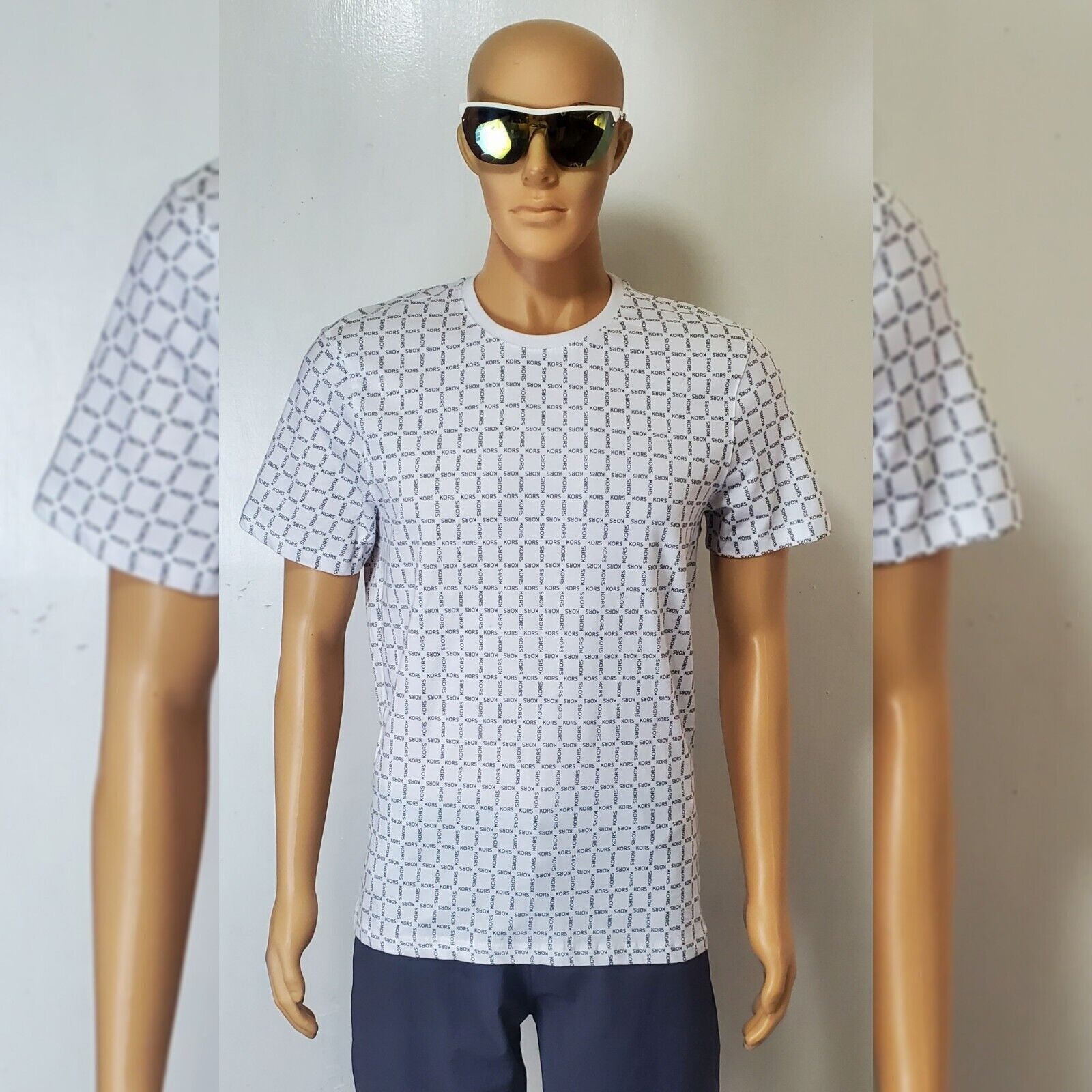 NWT MICHAEL KORS SHORT SLEEVE TSHIRT MEN’S ALLOVER GEOMETRIC LOGO PRINT WHITE