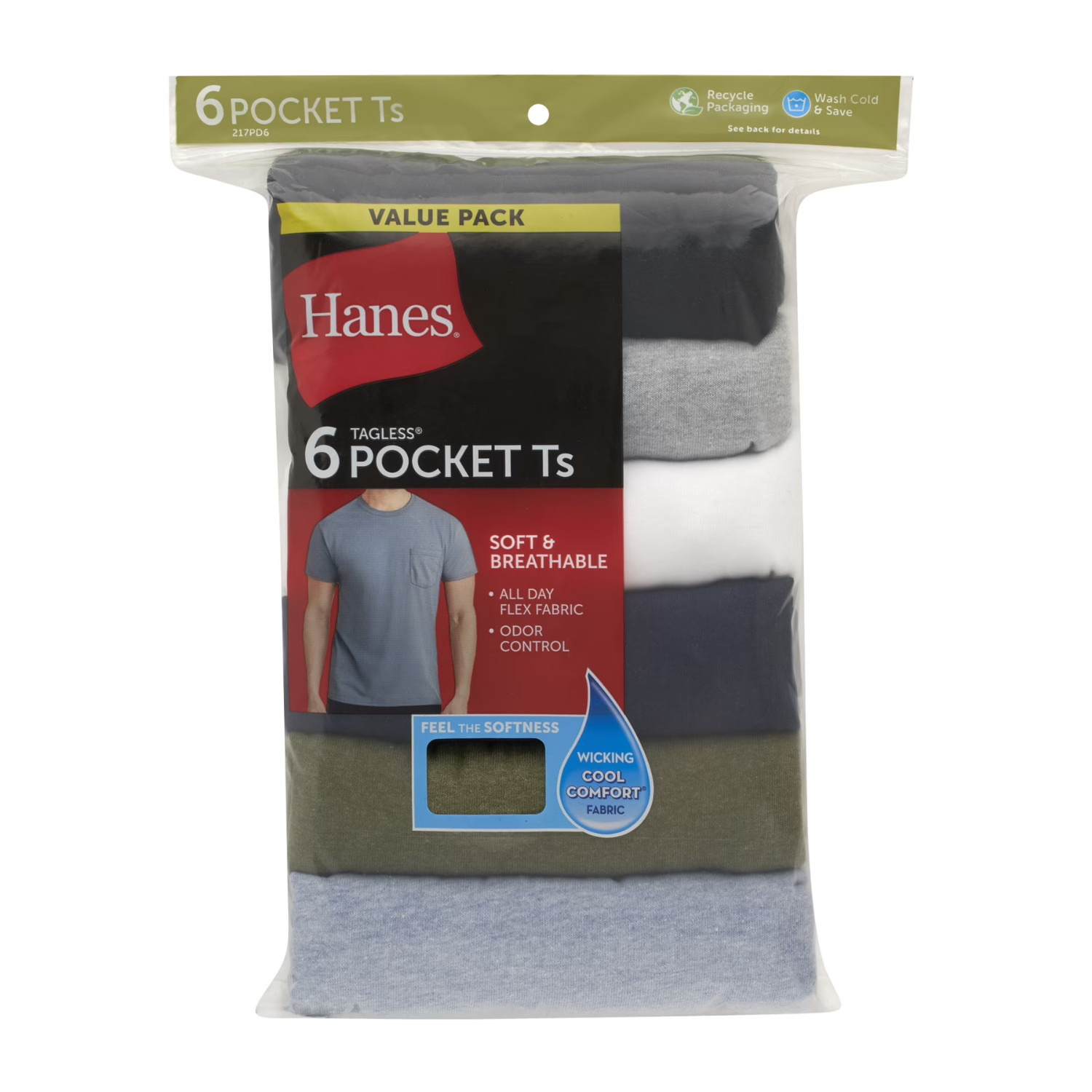 Hanes 6 Pack Pocket T Shirt Assorted Cotton Breathable Undershirt, Size XL