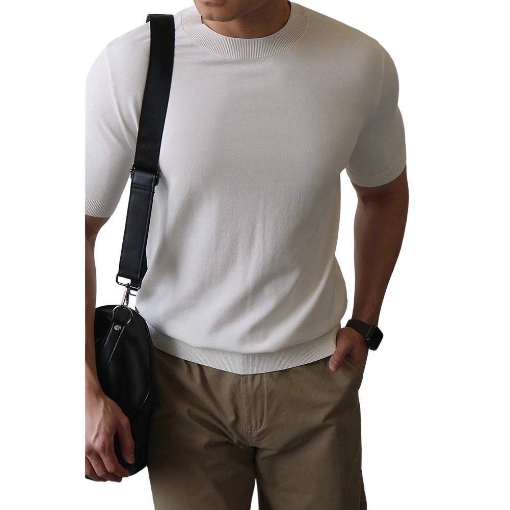 Mens Knitted Half-High Collar Short Sleeve T-Shirt Casual Slim Knit Pullover Top