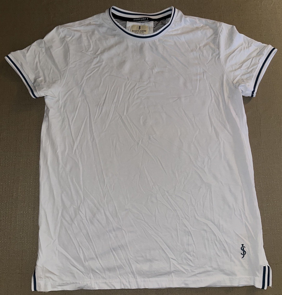 NWT Scott James England T Shirt Men’s Large L White Logo Blue Trim SOFT
