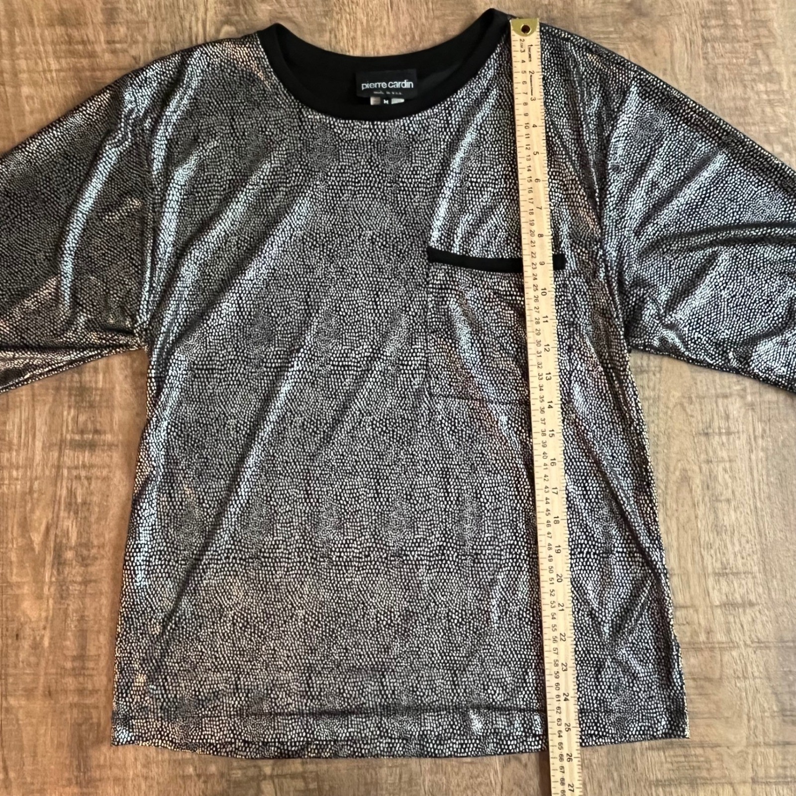 Pierre Cardin Vintage Metallic Silver Black Patterned Pocket Top Mens M USA