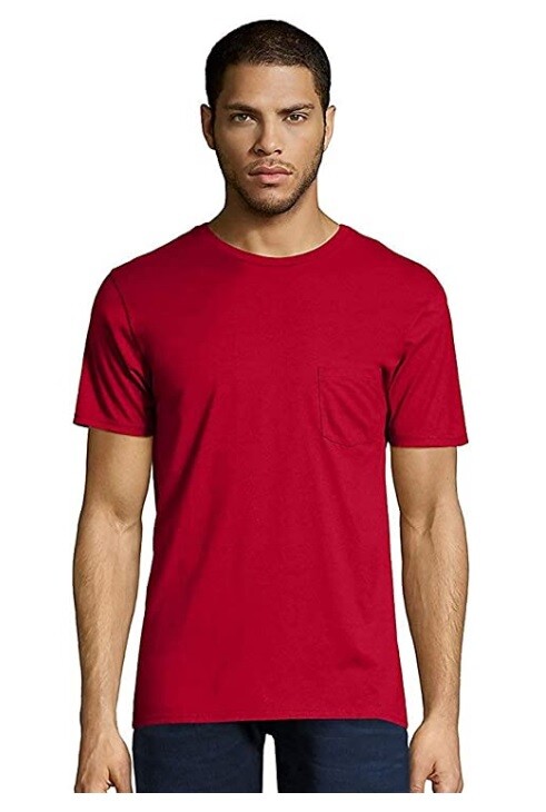 Hanes Mens Ringspun Cotton Nano-T-Shirt DEEP RED with Pocket (498P)