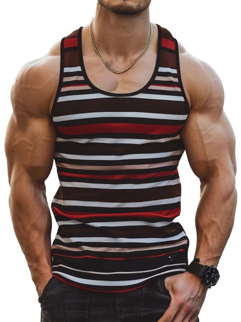 Men Retro Striped Tank Top Sleeveless 3D Print Loose Quick Dry Summer Vest