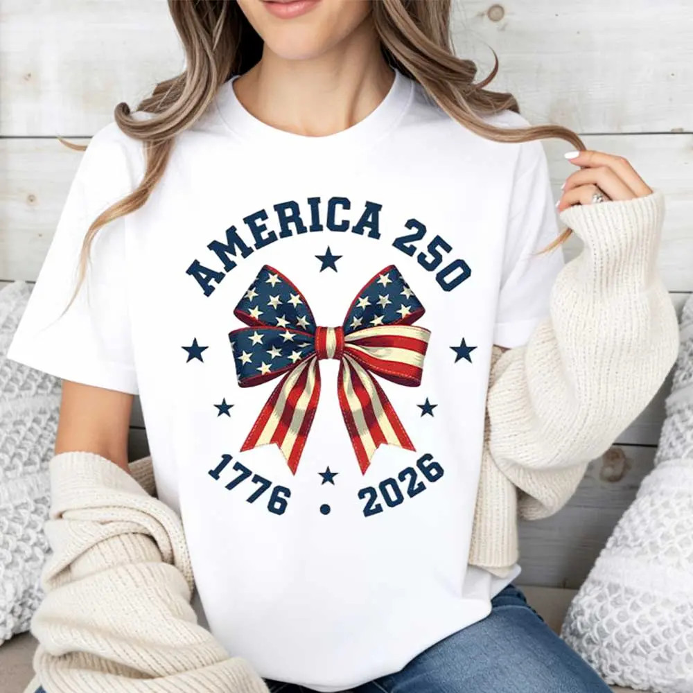 America 250 Stars And Stripes Bow Print T Shirt White Crew Neck Casual Top