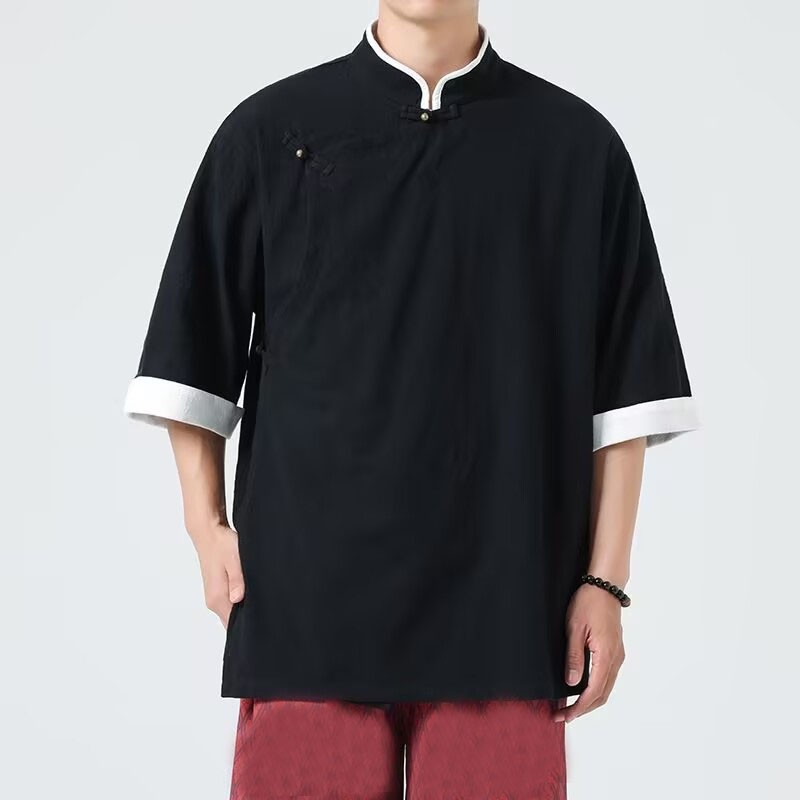 Chinese Style Mens Hanfu Loose Shirts Short Sleeve Retro Tang Zhuang Shirts