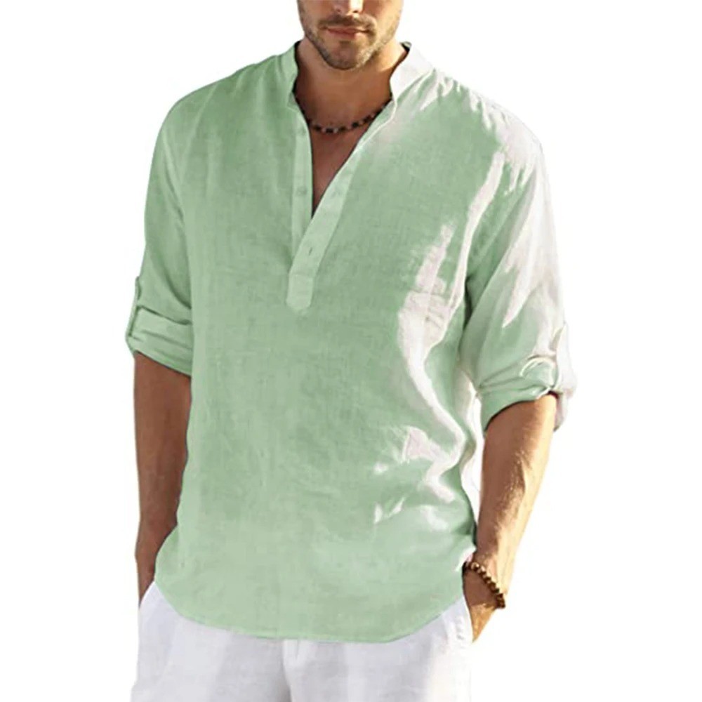 Men’s Cotton Linen Henley Long Sleeve Shirt Casual Beach T-shirt Tee Summer Gift