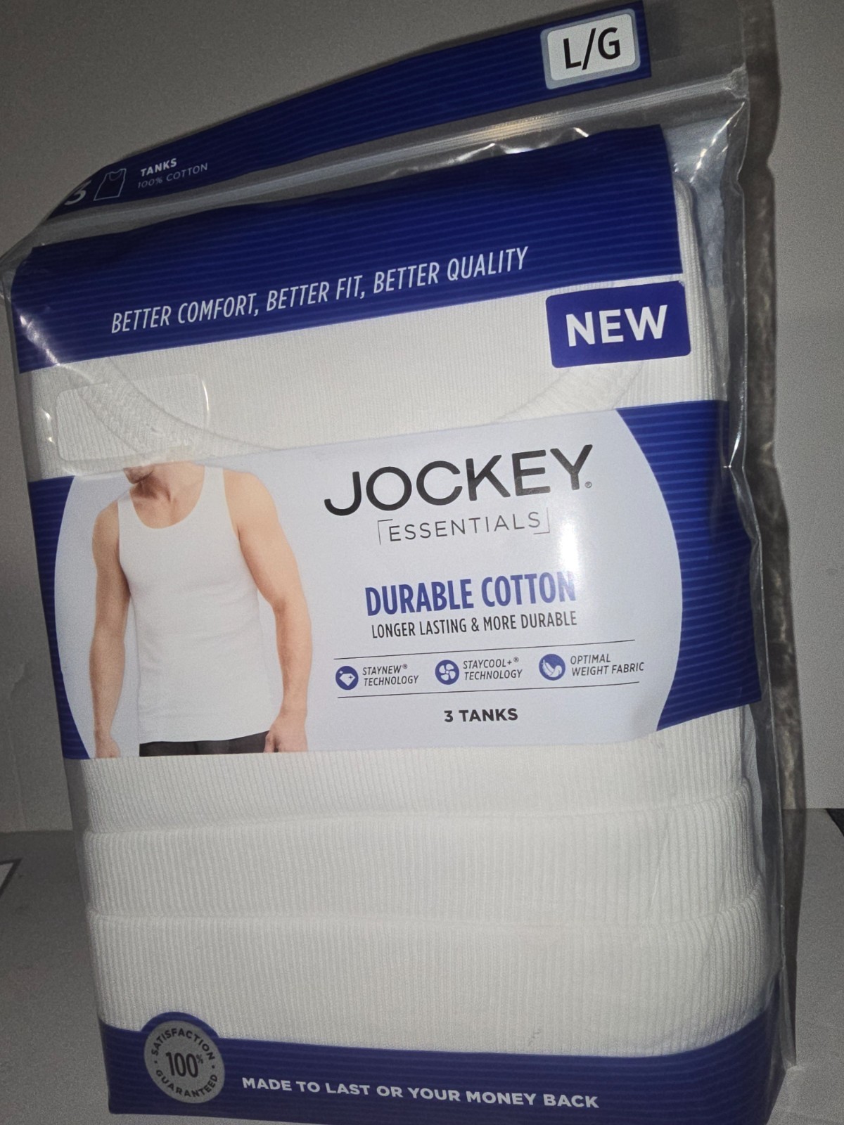 Jockey Essentials Men’s Large White Durable Cotton 3 Tanks
