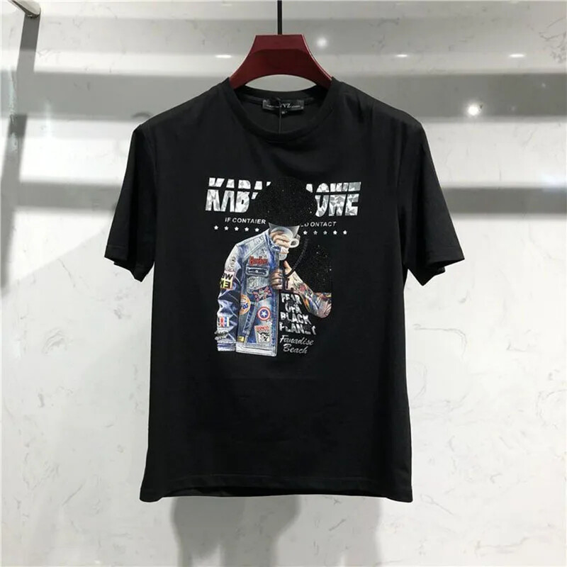 New Men Luxury Rhinestones Fashion Black White T-Shirt High Quality